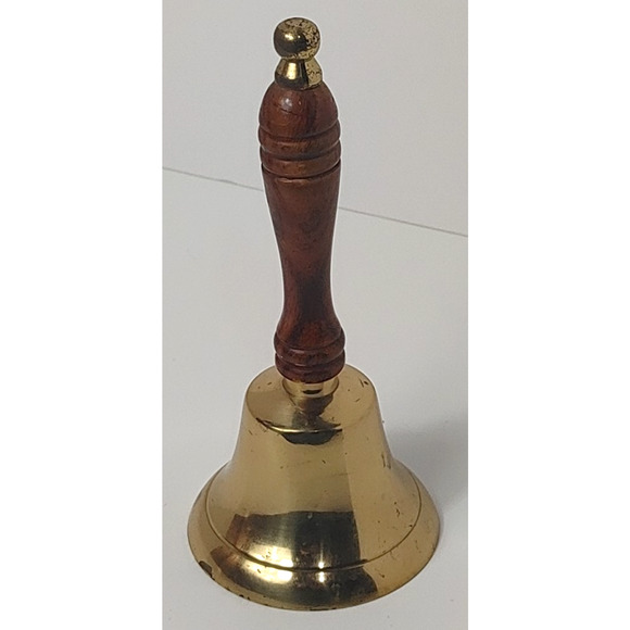 Vintage Brass School Bell Hand Held Wood Handle 8" tall x 4" diameter - Picture 1 of 6